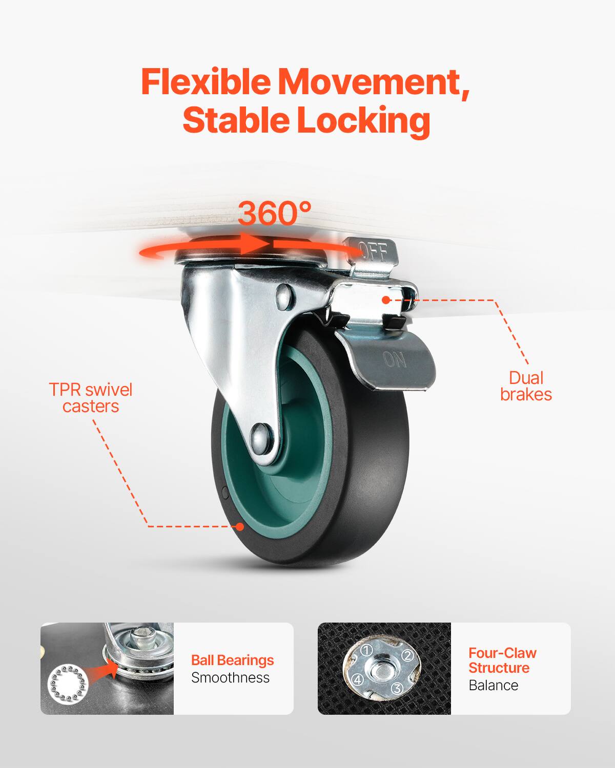 Flexible Movement, Stable Locking

360°

TPR swivel casters

Dual brakes

Ball Bearings Smoothness

Four-Claw Structure Balance