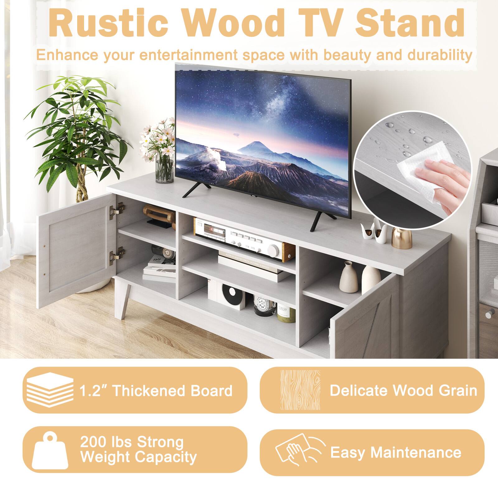 Rustic Wood TV Stand  
Enhance your entertainment space with beauty and durability  

1.2" Thickened Board  
200 lbs Strong Weight Capacity  
Delicate Wood Grain  
Easy Maintenance
