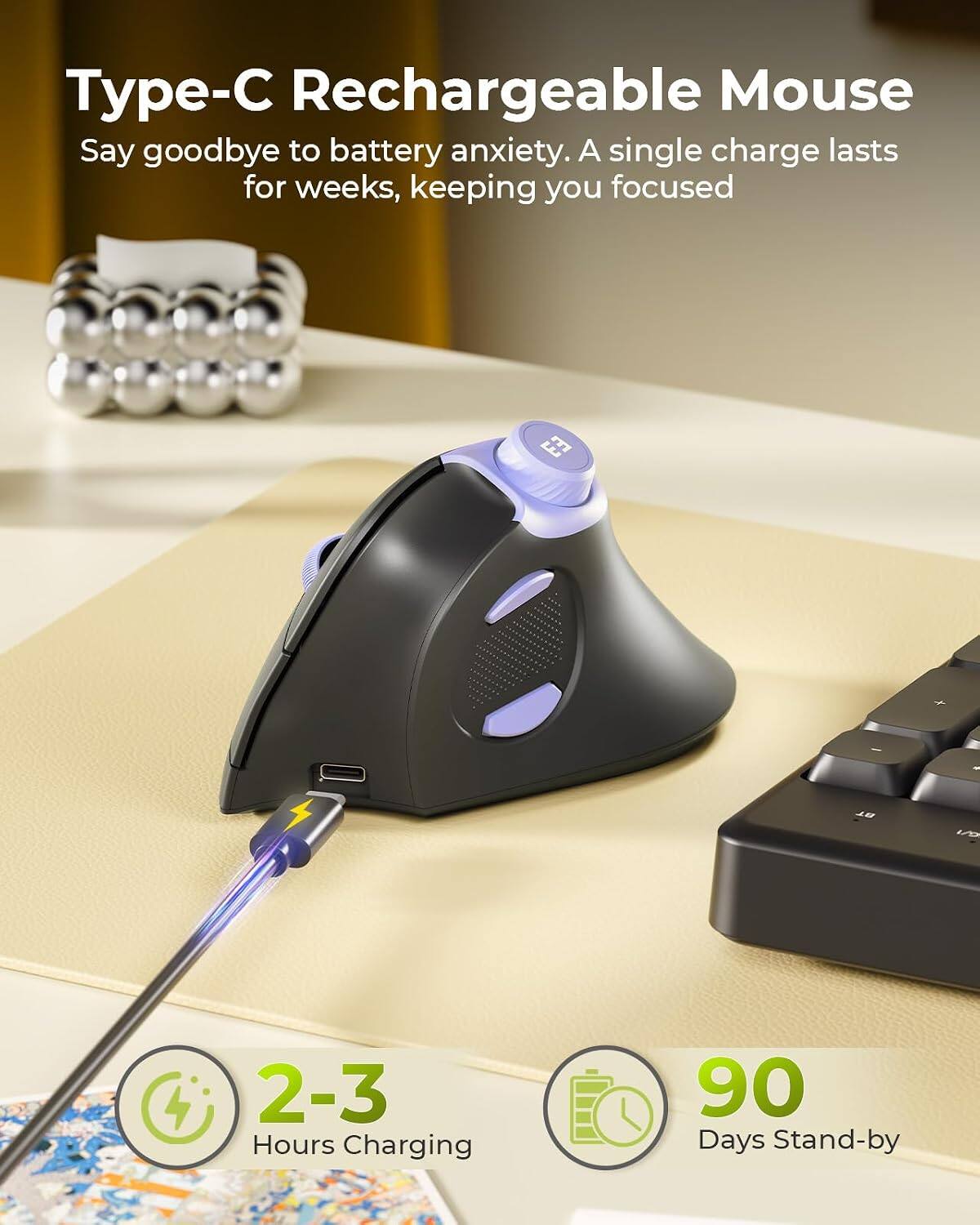 Type-C Rechargeable Mouse

Say goodbye to battery anxiety. A single charge lasts for weeks, keeping you focused

2-3 Hours Charging

90 Days Stand-by