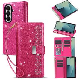 Dteck - for Samsung Galaxy Z Fold8 Ultra Flip Zipper Wallet Case with 9 Card Slots,Shockproof TPU PU Leather Slim Cover+Lanyard - Rose