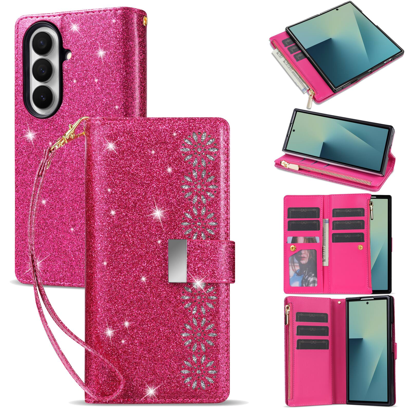 Dteck - for Samsung Galaxy Z Fold8 Ultra Flip Zipper Wallet Case with 9 Card Slots,Shockproof TPU PU Leather Slim Cover+Lanyard - Rose