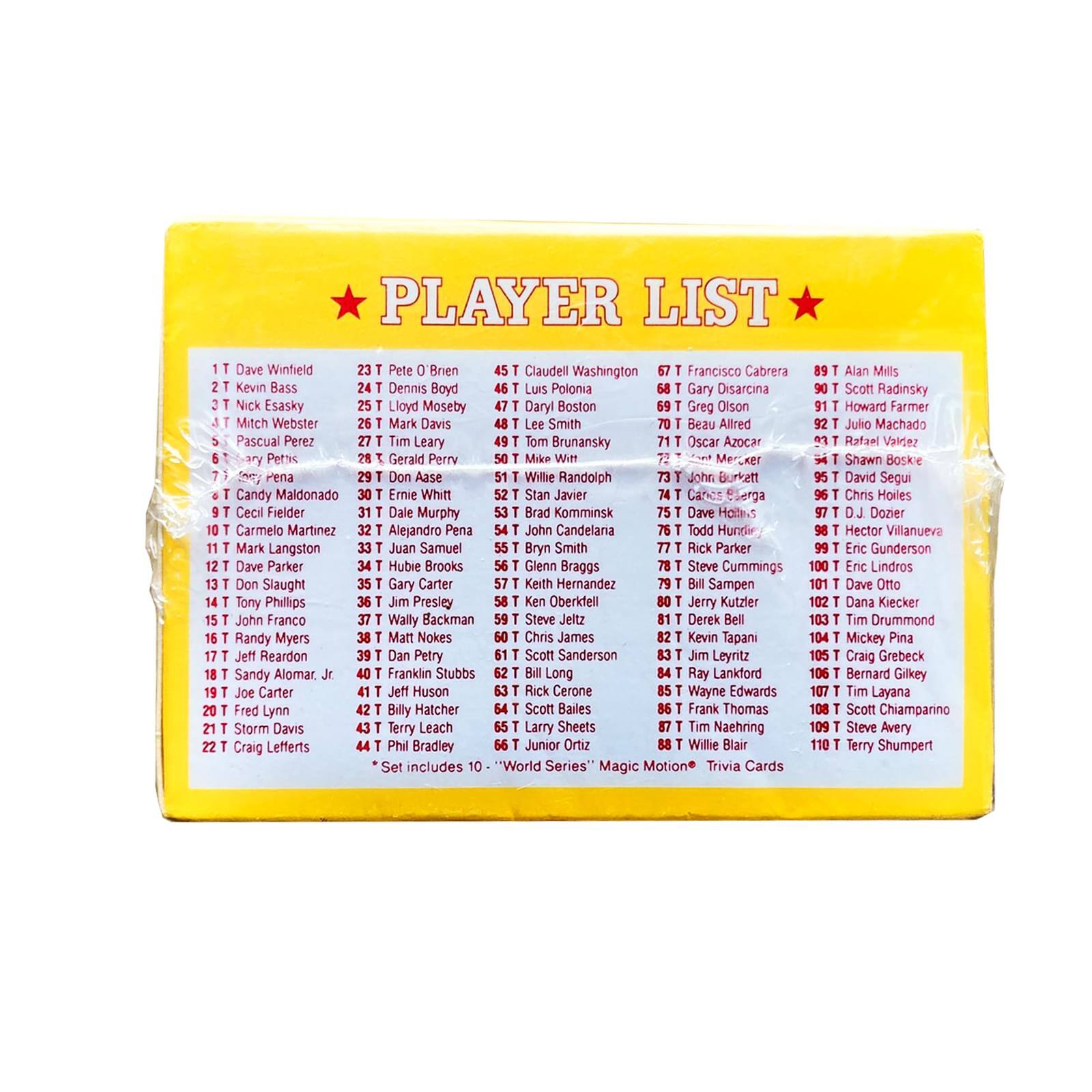 PLAYER LIST

1 T Dave Winfield  
2 T Kevin Bass  
3 T Nick Esasky  
4 T Mitch Webster  
5 T Pascual Perez  
6 T Candy Maldonado  
7 T Cecil Fielder  
8 T Carmelo Martinez  
9 T Mark Langston  
10 T Dave Parker  
11 T Don Slaught  
12 T Tony Phillips  
13 T John Franco  
14 T Randy Myers  
15 T Jeff Reardon  
16 T Sandy Alomar, Jr.  
17 T Fred Lynn  
18 T Storm Davis  
19 T Craig Lefferts  
20 T Pete O'Brien  
21 T Claudell Washington  
22 T Francisco Cabrera  
23 T Dennis Boyd  
24 T Don Baylor  
25 T Lloyd Moseby  
26 T Mark Davis  
27 T Tim Leary  
28 T Gerald Perry  
29 T Don Asay  
30 T Ernie Whitt  
31 T Dale Murphy  
32 T Alejandro Pena  
33 T John Candelaria  
34 T Hubie Brooks  
35 T Gary Carter  
36 T Jim Presley  
37 T Wally Backman  
38 T