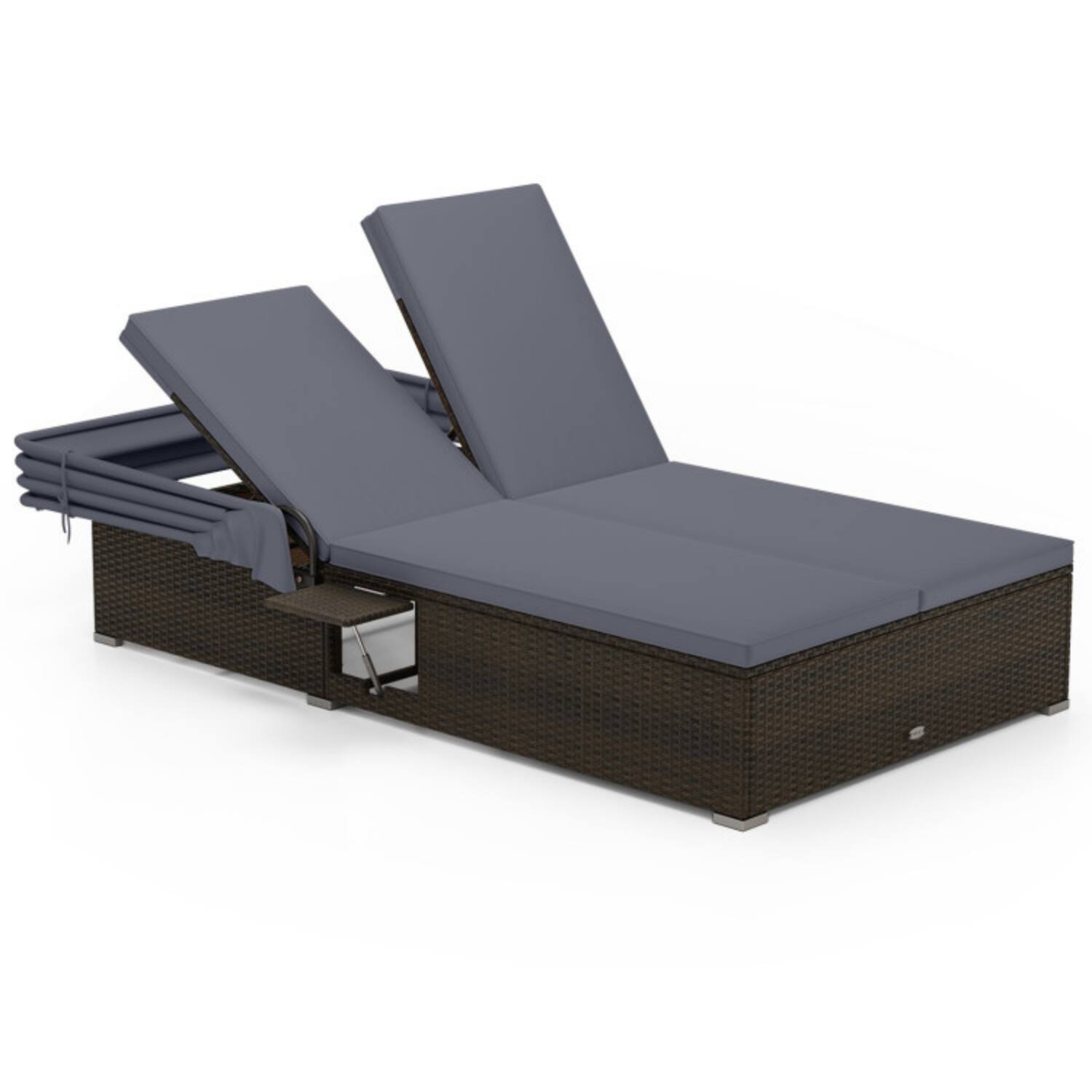 Alt View 4. Mondawe - 87" Patio Double Chaise Lounge w Shade Canopy & Folding Side Trays 800 lbs for 2 - Gray.
