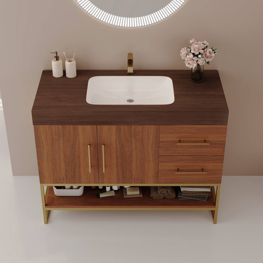 Left. Loheer - Loheer 36 inch Modern Bathroom Vanity Walnut Freestanding Vanity with Ceramic Sink - Walnut.