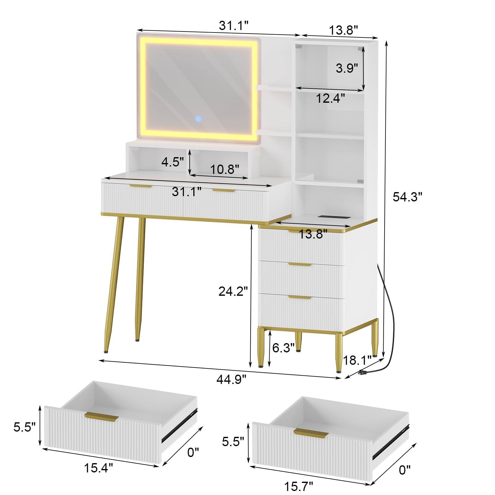 Sure, here is the corrected and grouped text from the image:

- **Top Section:**
  - Width: 31.1"
  - Depth: 13.8"
  - Height: 54.3"

- **Shelf Dimensions:**
  - Shelf 1: 12.4" (height) x 3.9" (depth)
  - Shelf 2: 13.8" (depth)

- **Middle Section:**
  - Width: 31.1"
  - Depth: 10.8"
  - Height: 4.5"

- **Bottom Section:**
  - Width: 31.1"
  - Depth: 24.2"
  - Height: 6.3"

- **Legs:**
  - Width: 18.1"

- **Trays:**
  - Tray 1: 15.4" (width) x 5.5" (depth)
  - Tray 2: 15.7" (width) x 5.5" (depth)

- **Overall Dimensions:**
  - Width: 44.9"
  - Depth: 