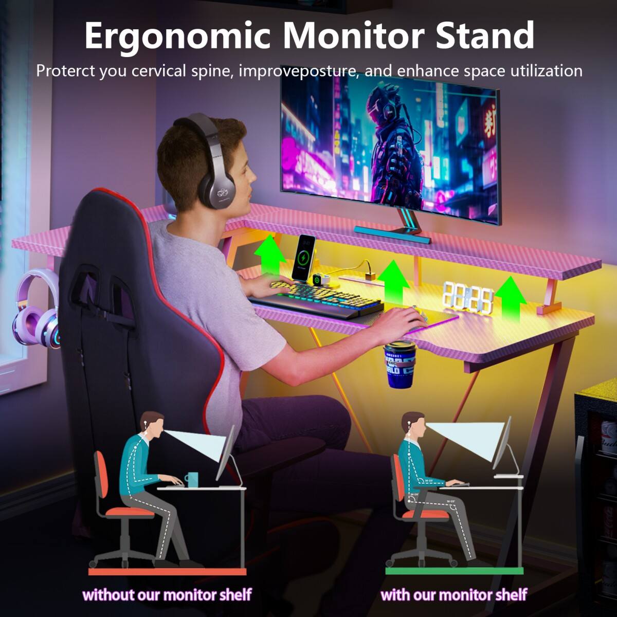 Ergonomic Monitor Stand  
Protect your cervical spine, improve posture, and enhance space utilization  

without our monitor shelf  
with our monitor shelf