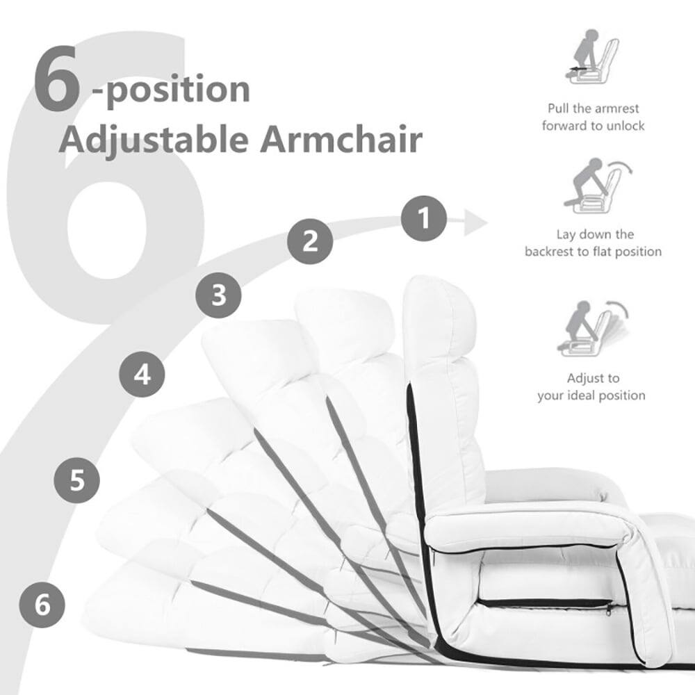 6-position Adjustable Armchair

1. Pull the armrest forward to unlock
2. Lay down the backrest to flat position
3. Adjust to your ideal position