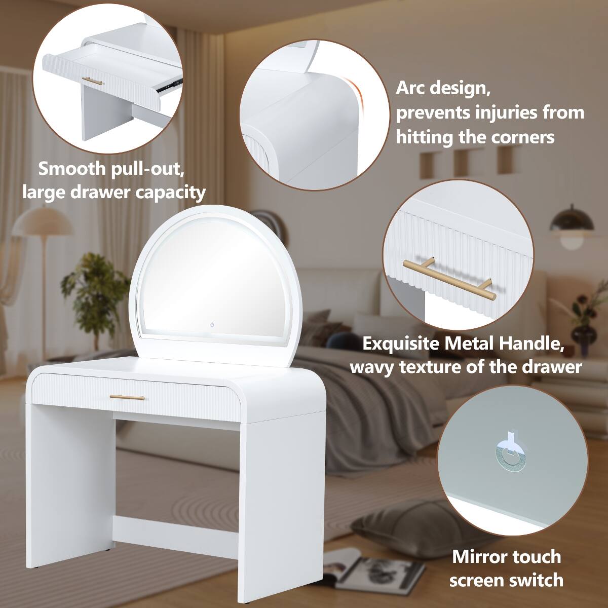 Loheer Makeup Vanity Table with Touch Screen Lighted Mirror and Drawer ...