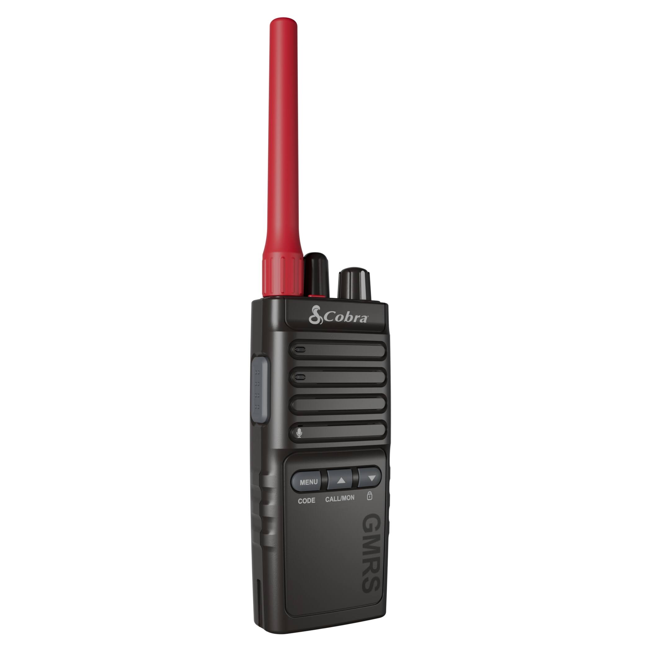 The image features a black and red Cobra radio with a red antenna. The radio is a two-way communication device, designed for use in various situations, such as emergencies or outdoor activities. The radio has a menu button, which allows users to access different settings and functions, such as call/monitor mode, GMRS frequency, and code scanning. The radio is compact and portable, making it a convenient tool for communication and safety.