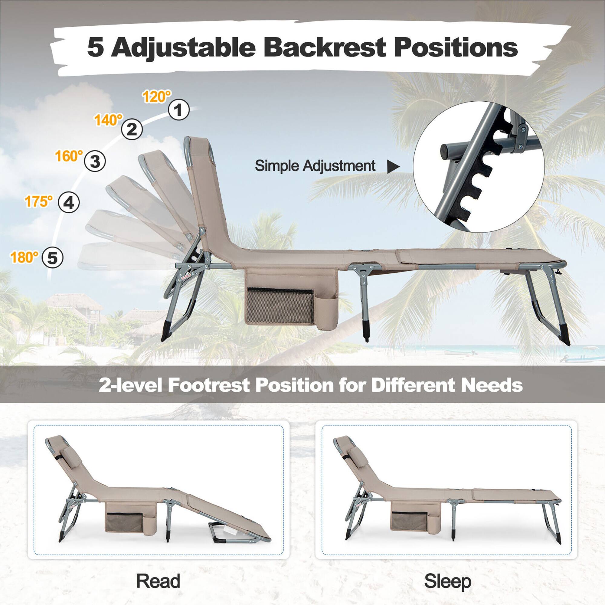 5 Adjustable Backrest Positions
120 1
140 2
160 3
175 4
180 5
Simple Adjustment
2-level Footrest Position for Different Needs
Read
Sleep
