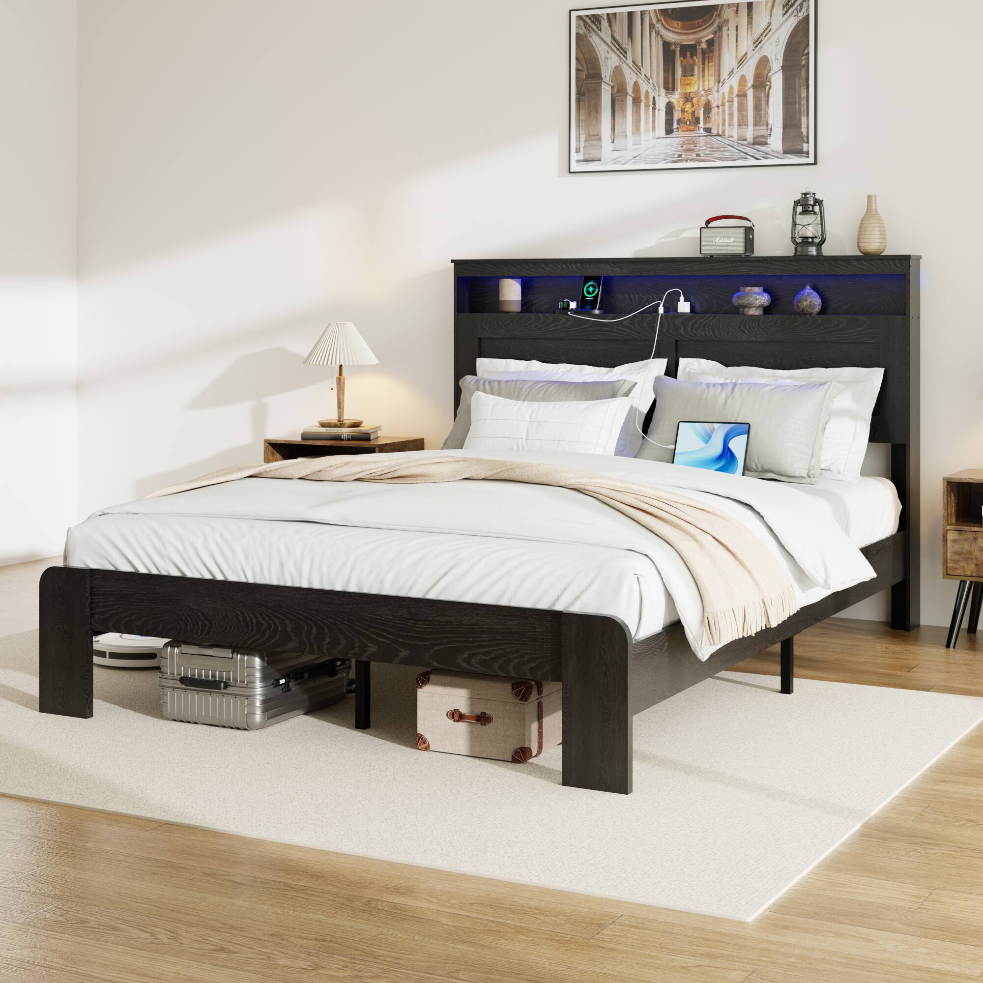 Angle. LUCKY ONE - King Size Bed Frame with Storage LED Light Headboard - Black.