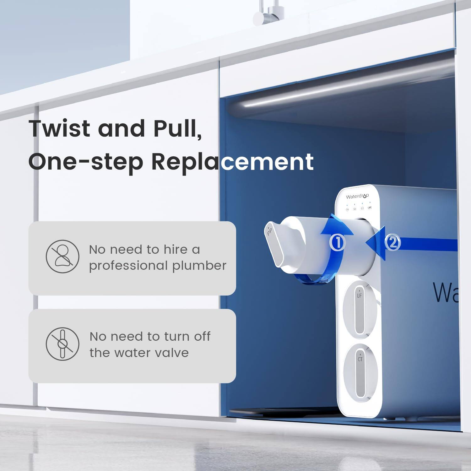 Twist and Pull, One-step Replacement

Waterdigp

No need to hire a professional plumber

No need to turn off the water valve
