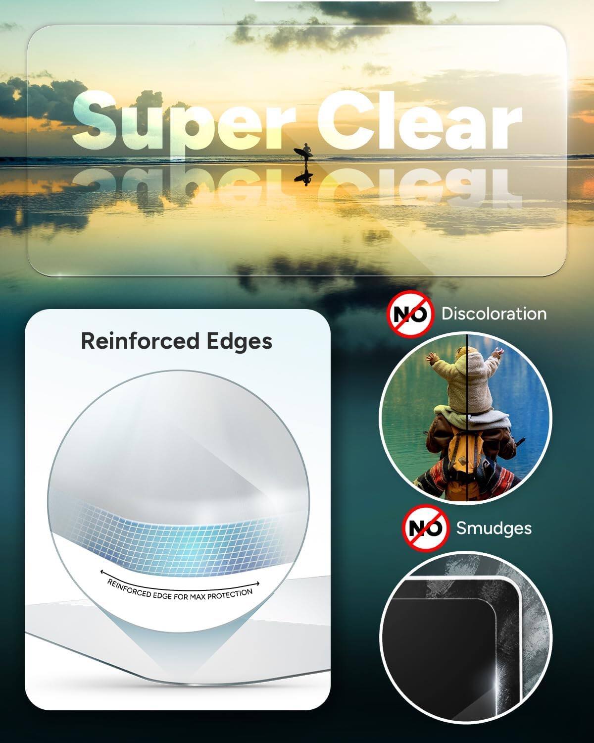 Super Clear Screen Protector

Reinforced Edges

NO Discoloration

NO Smudges

REINFORCED EDGE FOR MAX PROTECTION