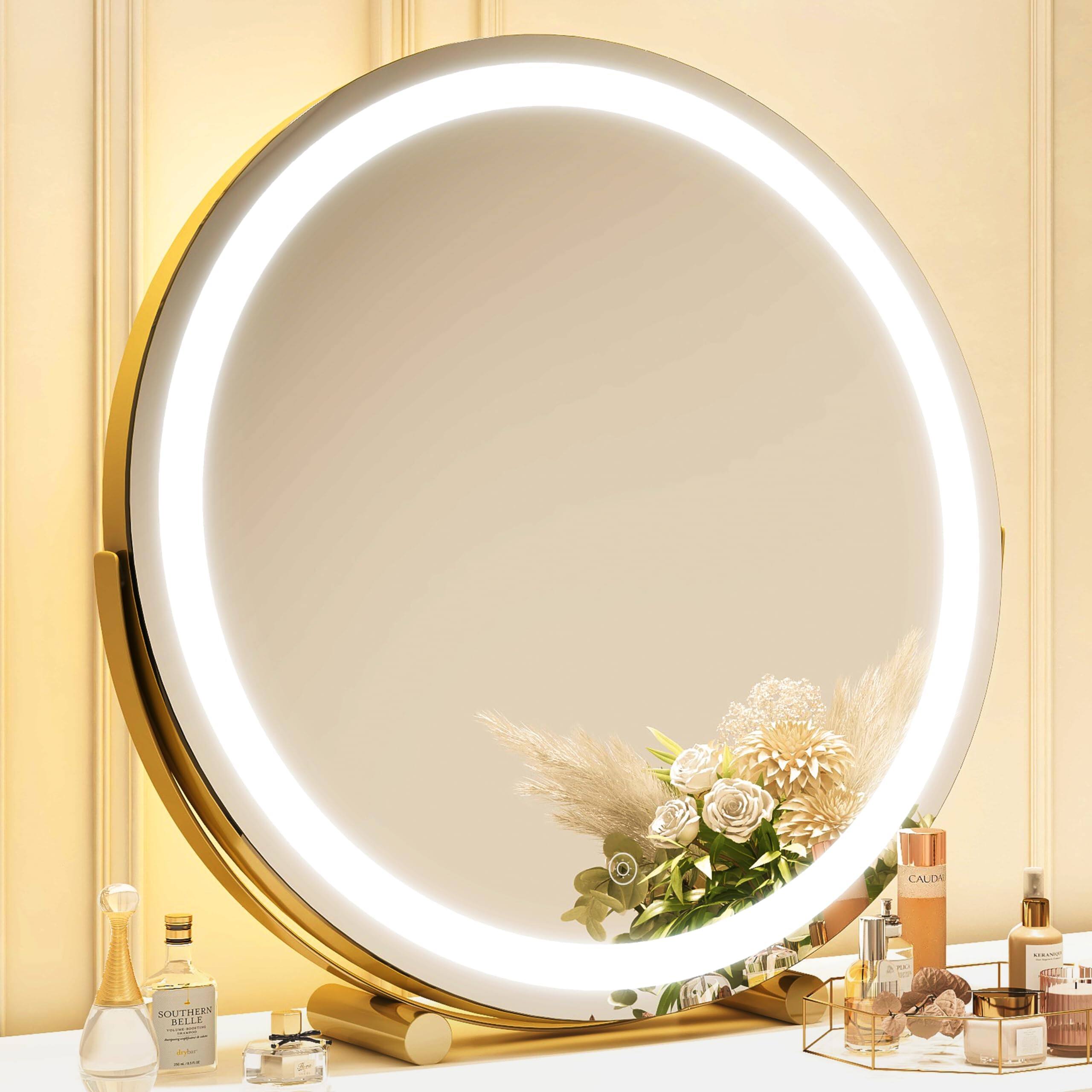 Cedar Assembly - Mirror LED Lighted Vanity Makeup Multi-Color Dimmable for Desk Premium Quality Stylish Design - Gold-18"L x 18"W
