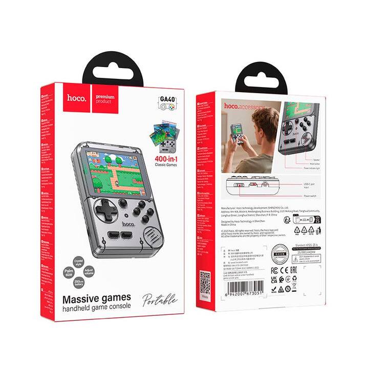 hoco. premium product GA40  
hoco.accessory 400-in-1 Classic Games  
hoco. beughed IV Stunder  
HOO PU000LVAQFW  
Crystal style  
Palm size  
Volume 50 UK 7  
Massive games Portable handheld game console  
6 942007 673051