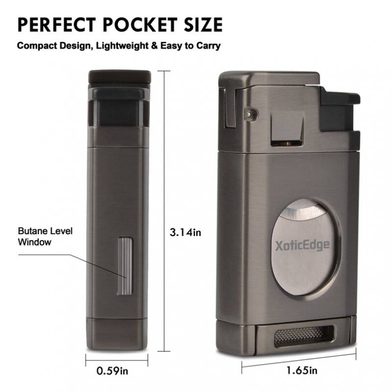 PERFECT POCKET SIZE  
Compact Design, Lightweight & Easy to Carry  

Butane Level Window  
3.14in XoticEdge 0.59in 1.65in