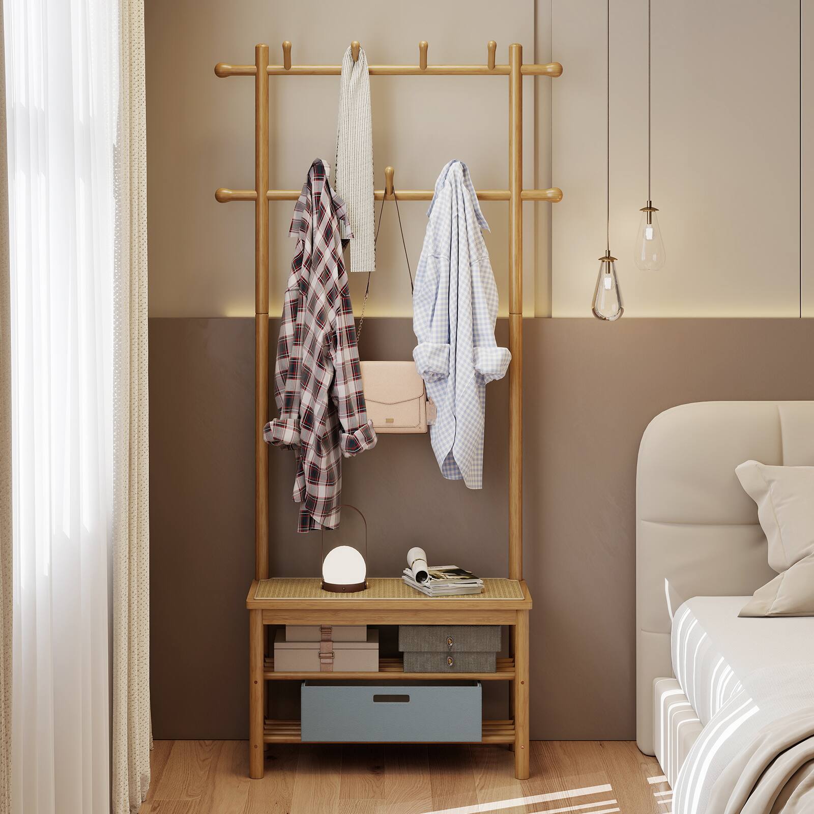 Alt View 4. Costway - Costway Bamboo Coat Rack with Bench Shoe Storage 2 Hanging Rods 11 Hanging Hooks Shelves - Beige.