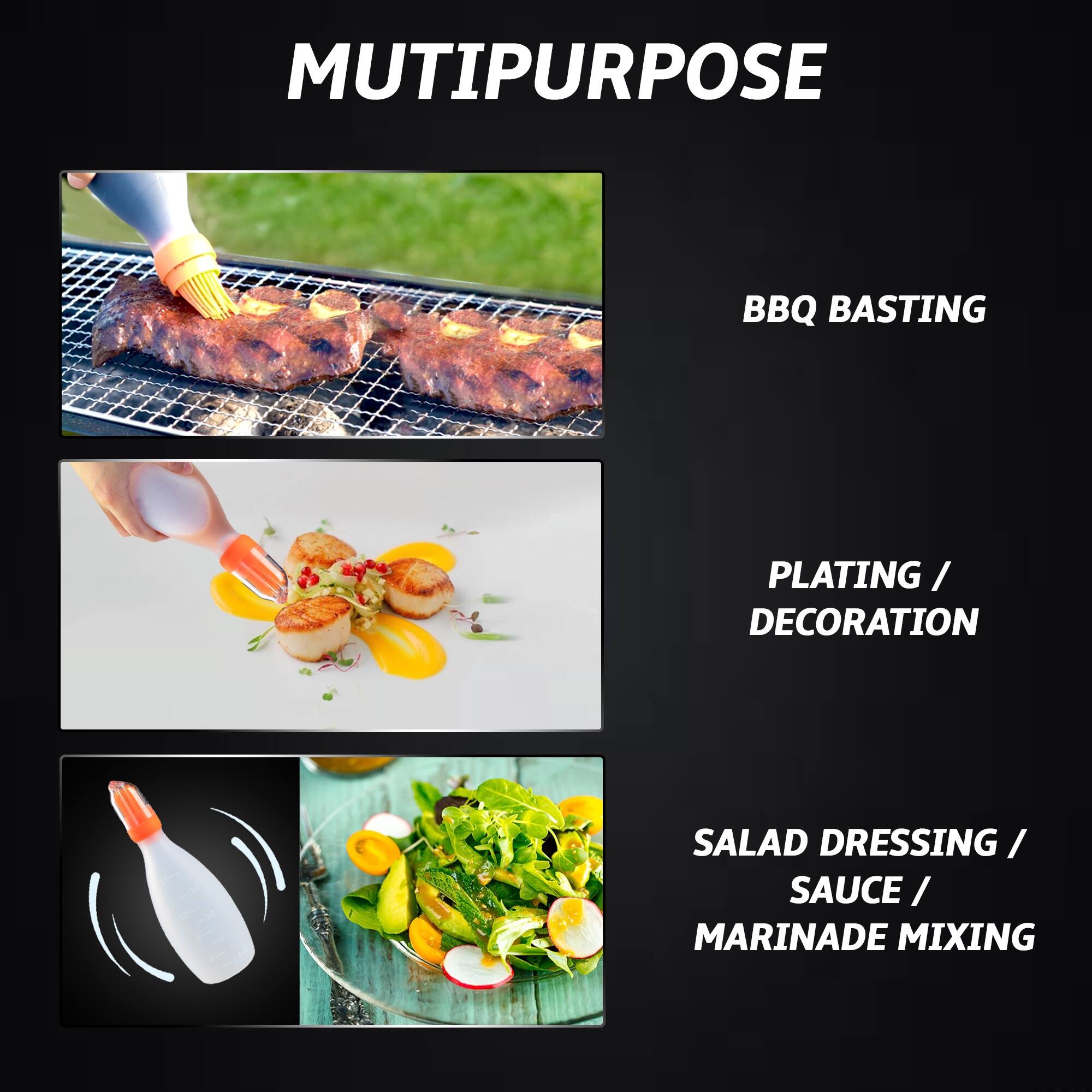 Left. Gourmet Easy - Silicone Pastry Brush, All-in-One Slicone Basting Brush with Sauce Bottle, Heat Resistant BBQ Accessories - Orange.