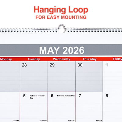 Sure, here is the corrected and grouped text from the image:

---

**Hanging Loop**

**MAY 2026**

**Monday**  
28  
5 National Teacher Day  
124/241

**Tuesday**  
29  
6 National Nurses Day  
125/240

**Wednesday**  
30  
126/239

**Thursday**  
1  
127/238

**Friday**  
8

---