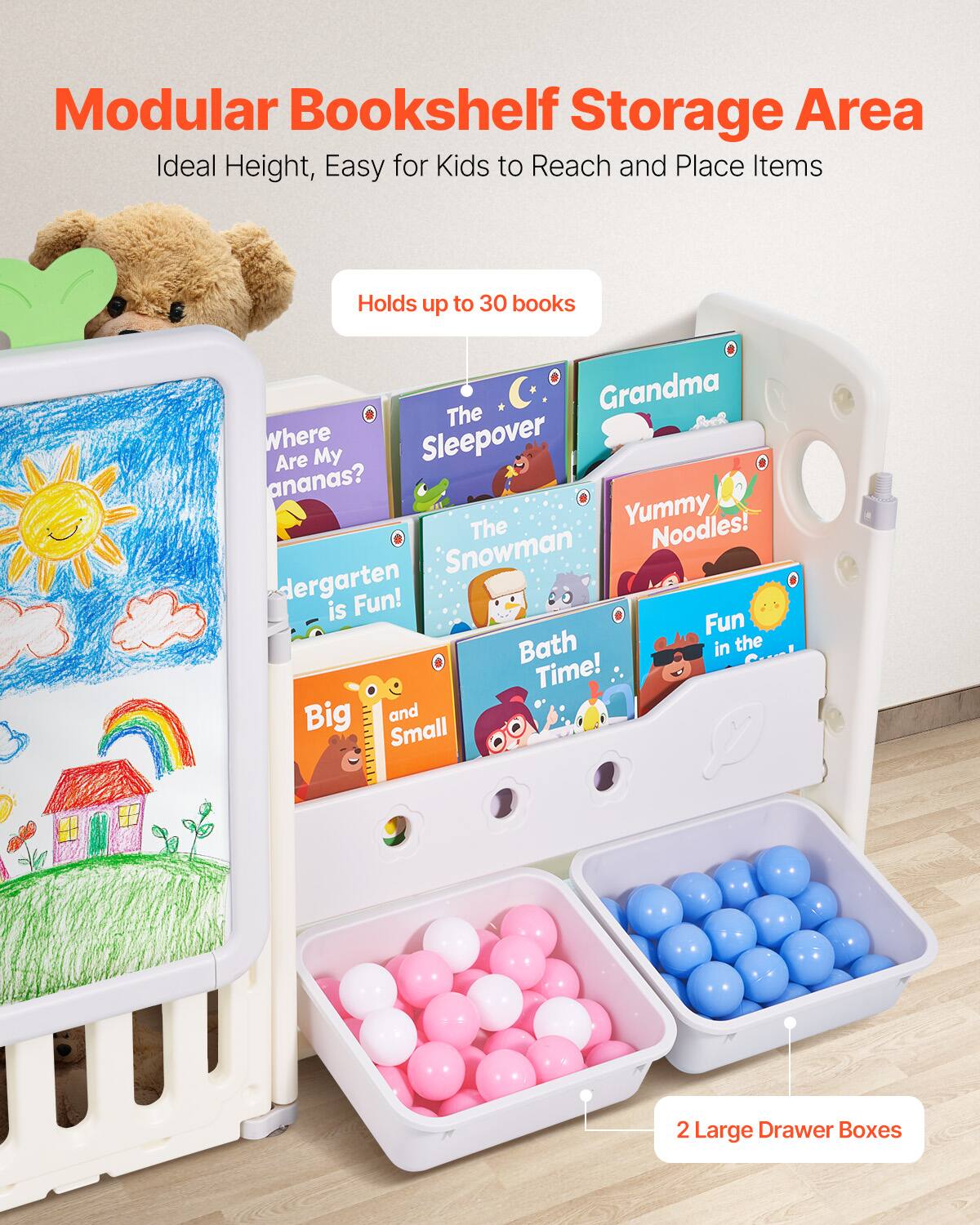 Modular Bookshelf Storage Area: Ideal Height, Easy for Kids to Reach and Place Items. Holds up to 30 books. 2 Large Drawer Boxes.