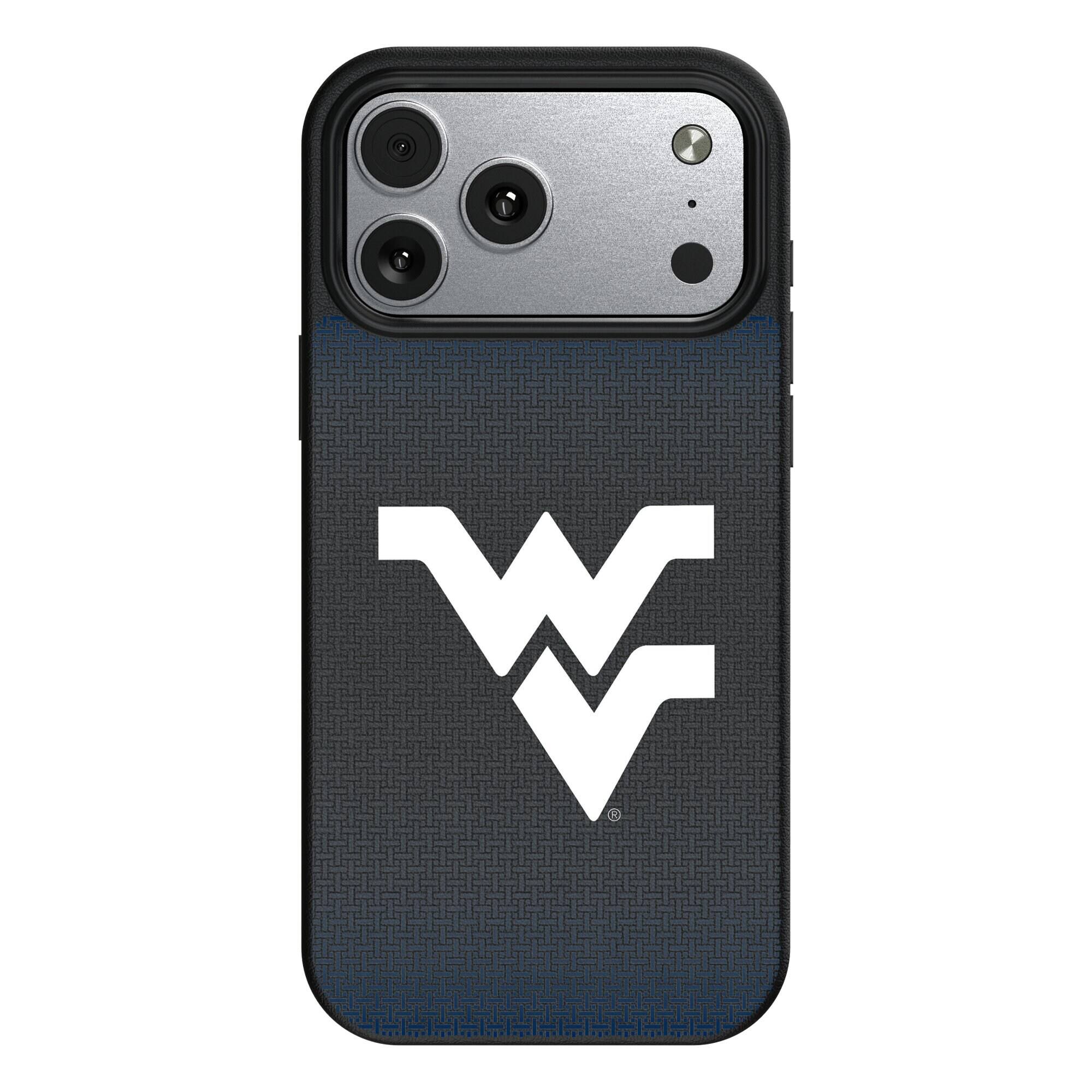 Front. Keyscaper - West Virginia Mountaineers Linen Logo iPhone Magnetic Bump Case - 17 Pro - Black.