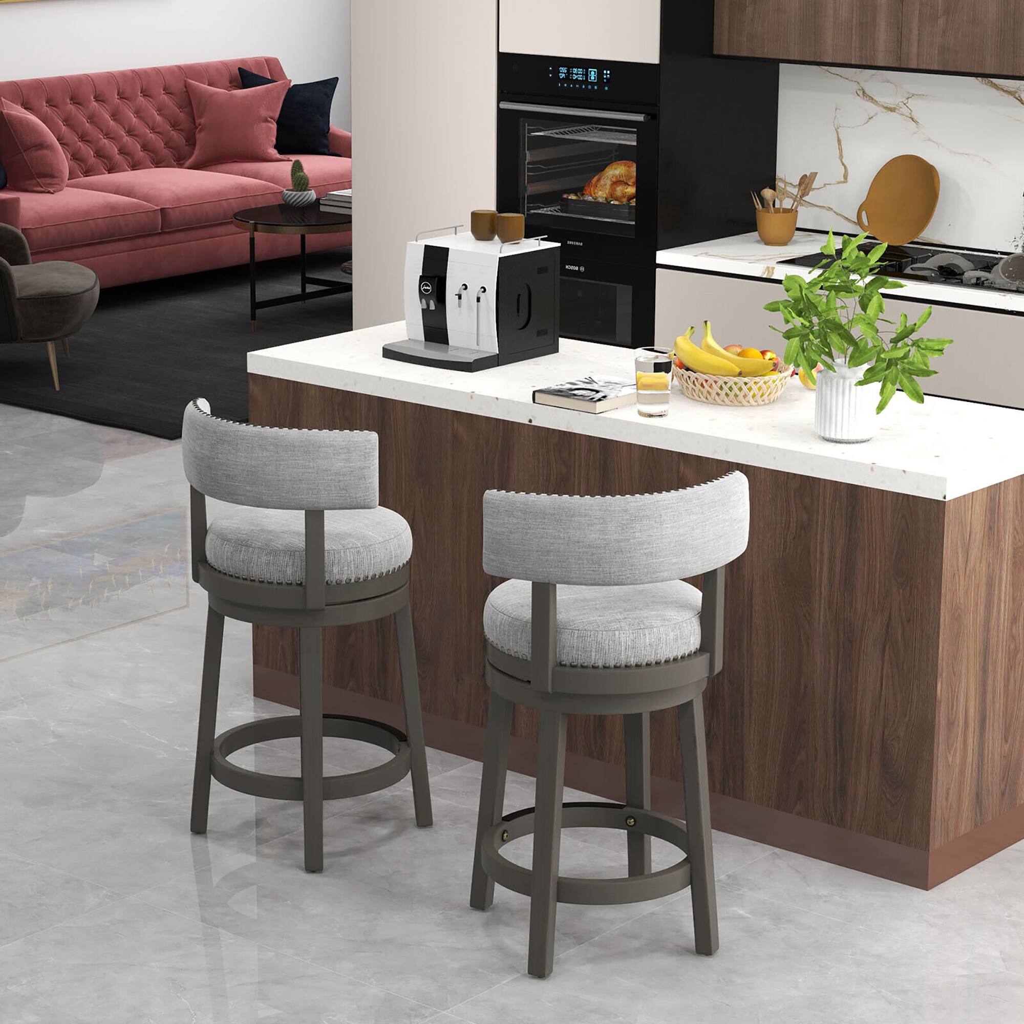 Alt View 2. Gymax - Gymax Set of 2 Upholstered Swivel Bar Stools Wooden Counter Height Kitchen Chairs Grey - Grey.