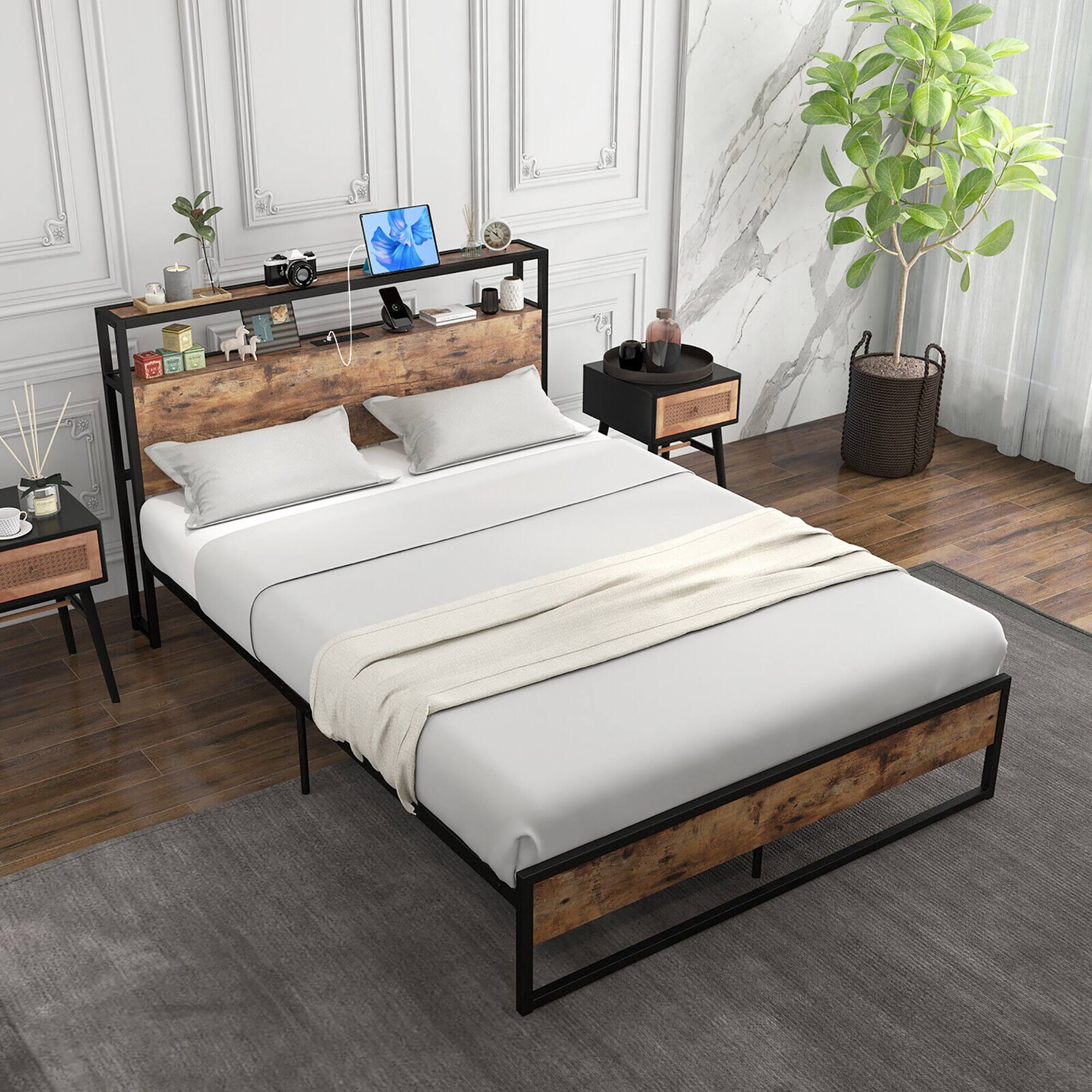 Alt View 3. Gymax - Gymax Full Size Industrial Platform Bed Frame with Charging Station Storage Headboard - Rustic Brown.