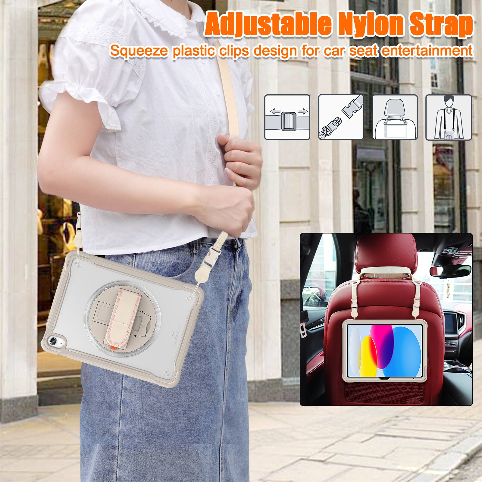 Adjustable Nylon Strap  
Squeeze plastic clips design for car seat entertainment
