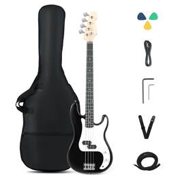 Costway - 45.5" Electric Bass Guitar with Double Pickups, Open-gear Tuning, Gig Bag, Rope - Black + White