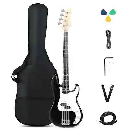 Front. Costway - Costway 45.5" Electric Bass Guitar with Double Pickups, Open-gear Tuning, Gig Bag, Rope - Black + White.