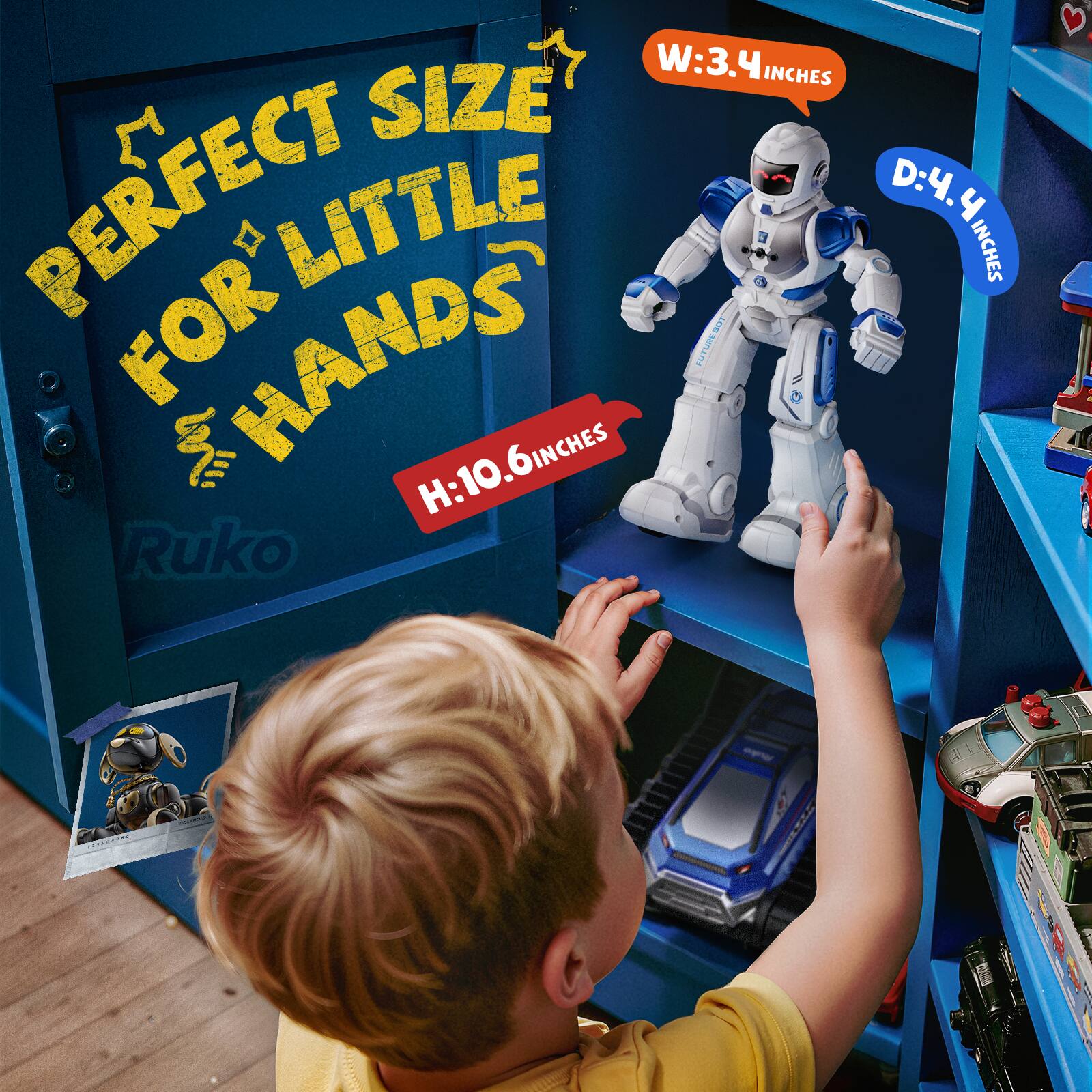 W: 3.4 inches  
M size perfect little D: 4.4 inches for hands  
H: 10.6 inches  
Ruko 6