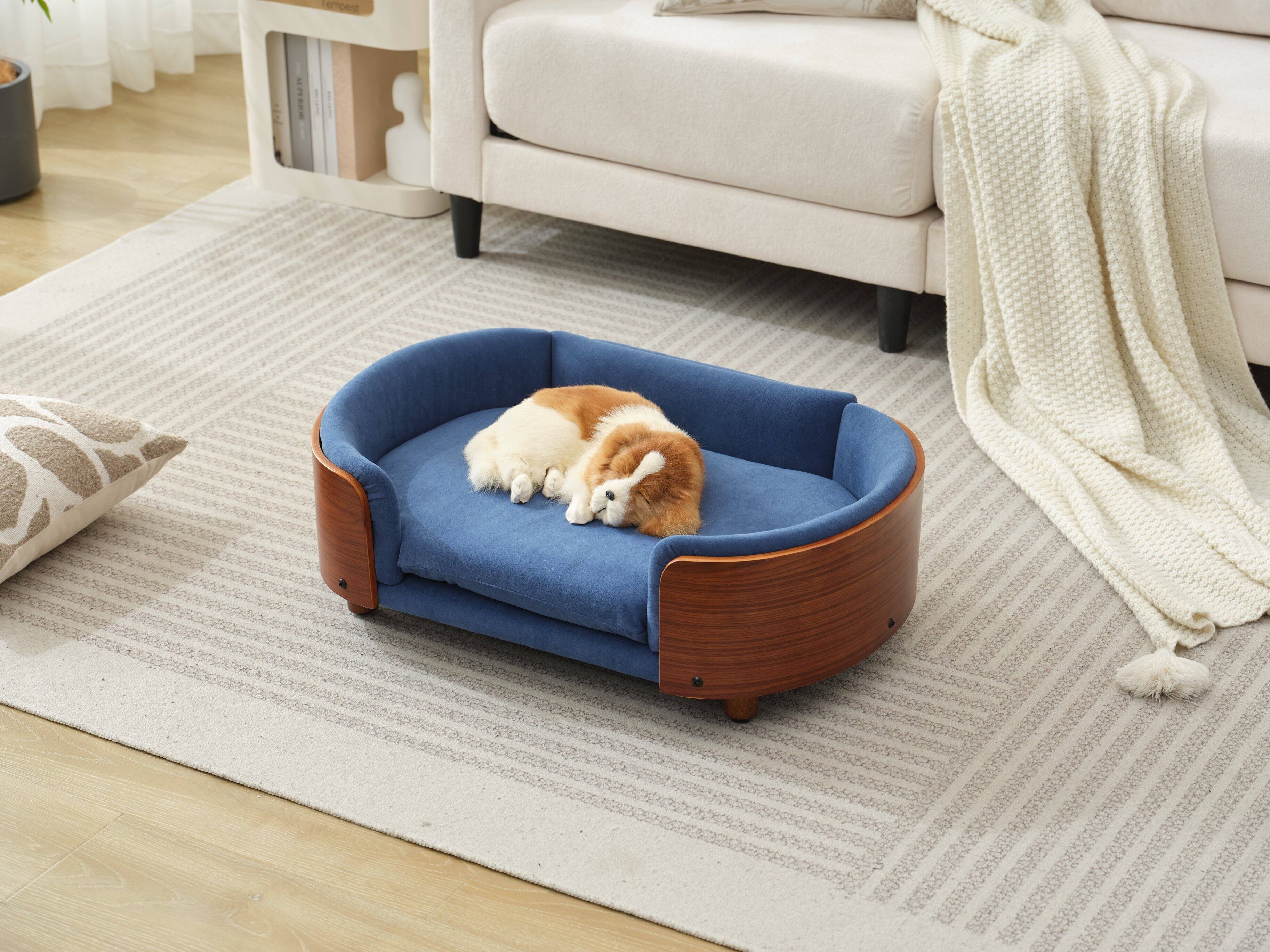 Alt View 2. Siljoy - Mid‑Size Scandinavian Pet Sofa, Walnut & Dark Blue Velvet, Elevated Orthopedic Dog Bed - Dark Blue.