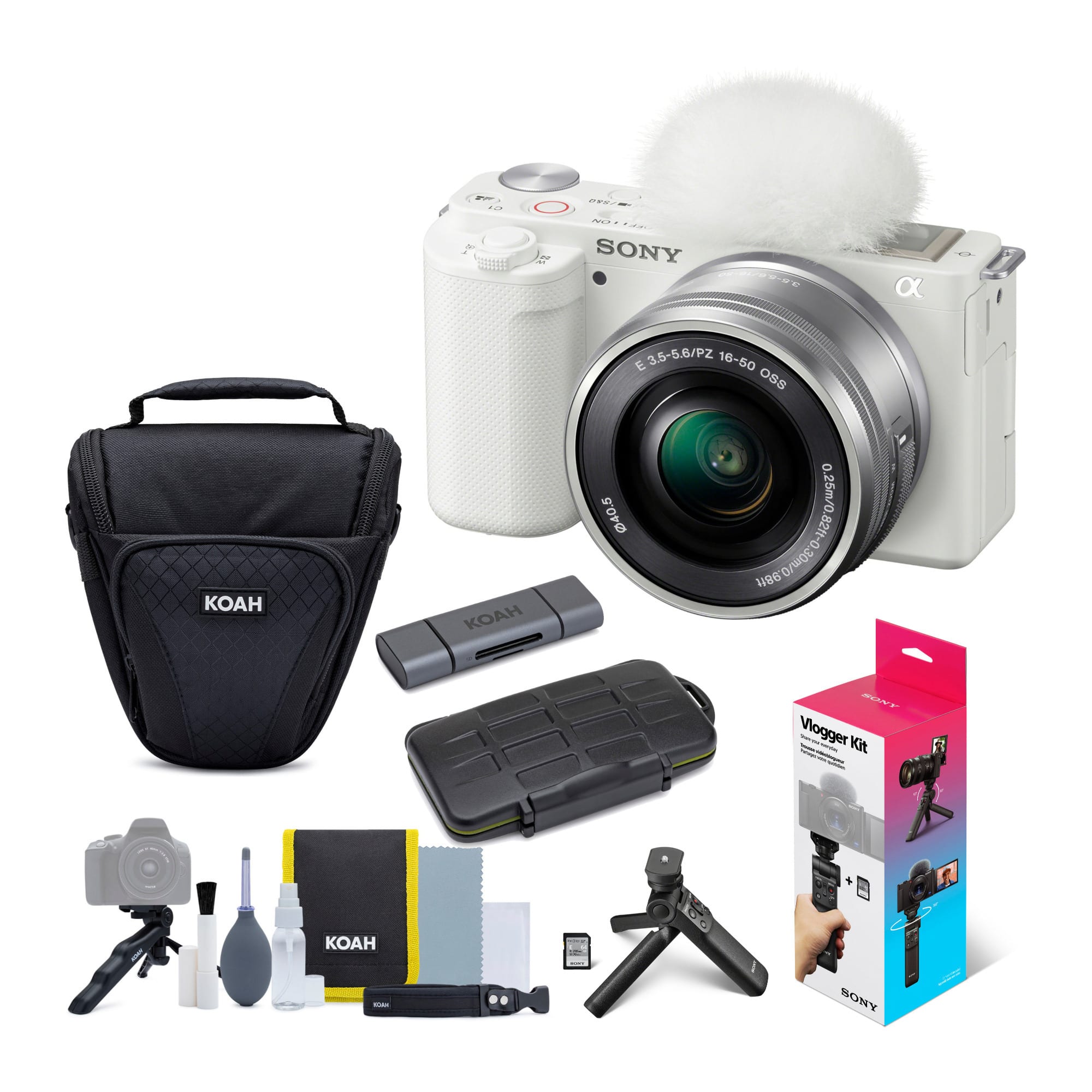 Sony - Alpha ZV E10 APS C White Vlog Camera and Vlogger Accessory Kit Bundle