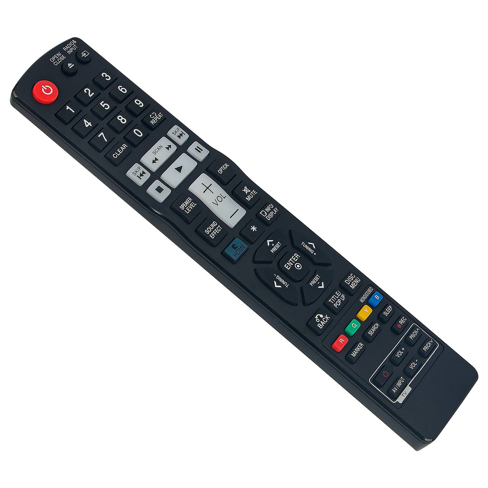 INPUT OPEN CLOSE 4l 3 G 2 9 5 9 1 C REPEAT 4 8 7 0 CLEAR SCAN SKIP  S  = OFTICAL x MUTE SPEAKER LEVEL VOL I QWNFO DISPLAY SOUND EFFECT HOME PREBET TUNINO+ ENTER O TUNING- PREGET DISC MENU > TITLE  MOROSTGRED m e POPUP Y SLEEP C BACK REC SEARCH PRICKA R MARKER PRCHY VOL+ VOL- ANINPUT