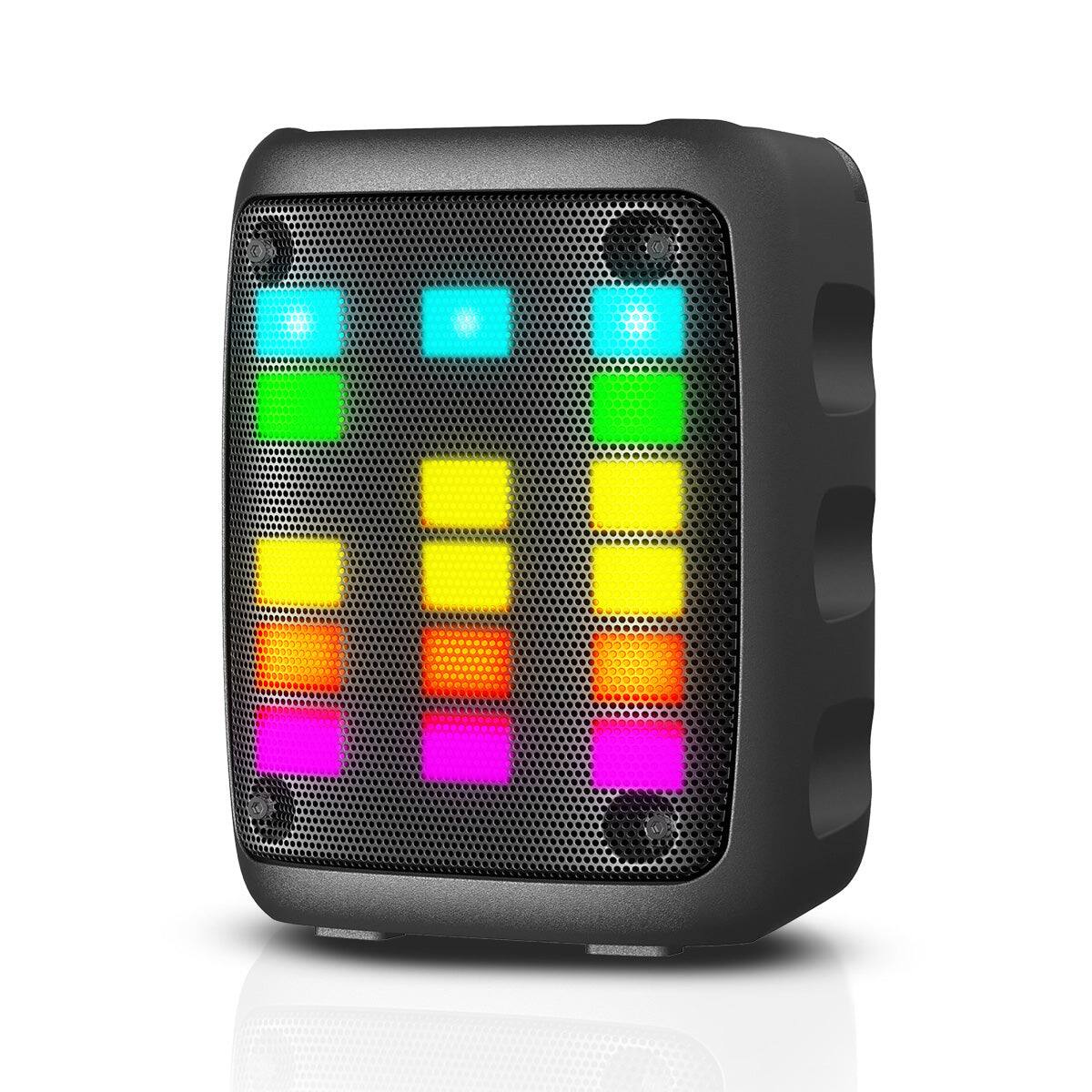 The image shows a black speaker with a grid of colorful lights. The lights are arranged in a 3x3 pattern with the following colors from top to bottom:

- Top row: Blue, Blue, Blue
- Second row: Green, Green, Green
- Third row: Yellow, Yellow, Yellow
- Fourth row: Orange, Orange, Orange
- Fifth row: Pink, Pink, Pink

There are no visible text or labels on the speaker.