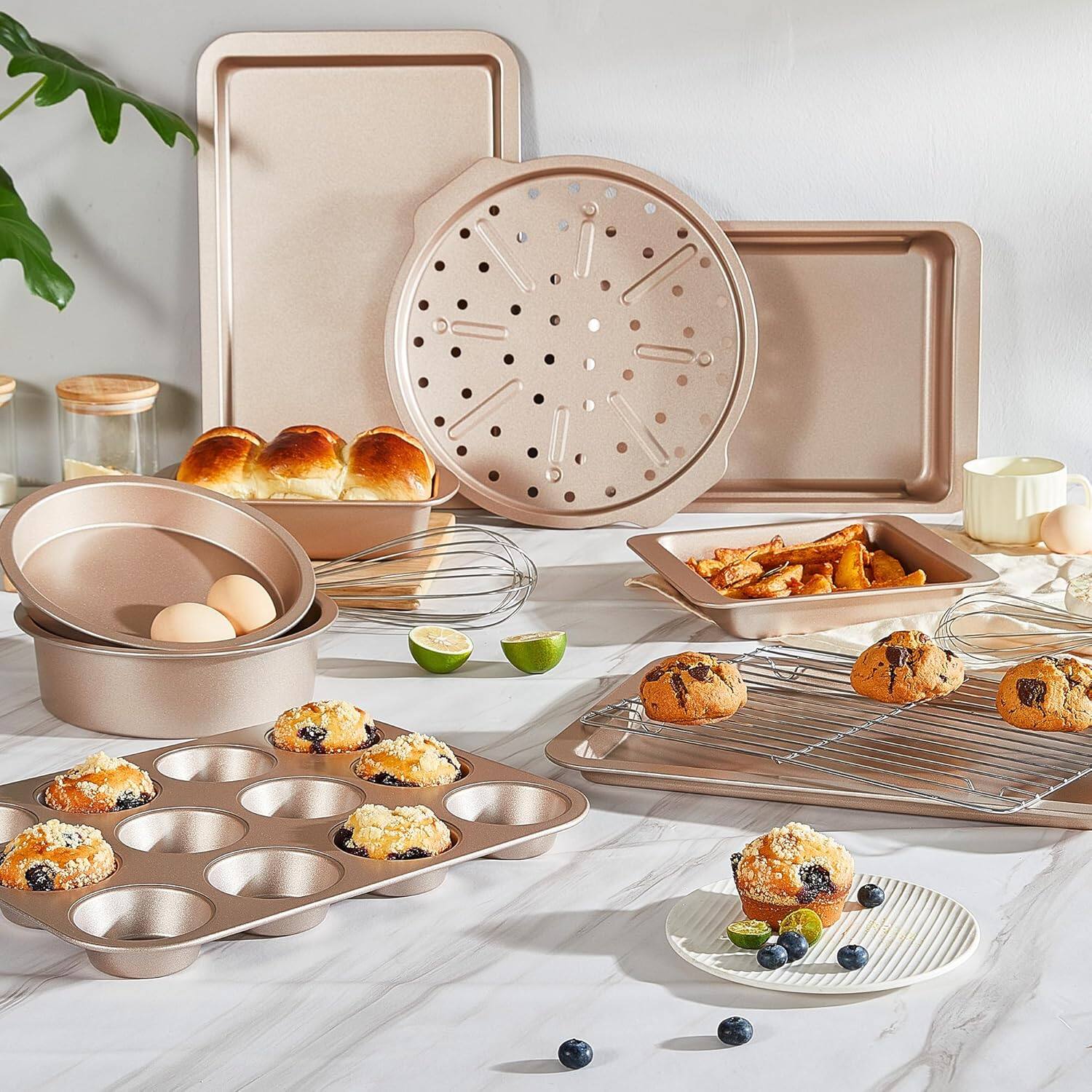 Alt View 1. HONGBAKE - 10 Pieces Bakeware Sets Including Rack, Cookie Sheet, Cake Pans, Loaf Pan, Muffin Pan, Pizza Pan - Champagne Gold.