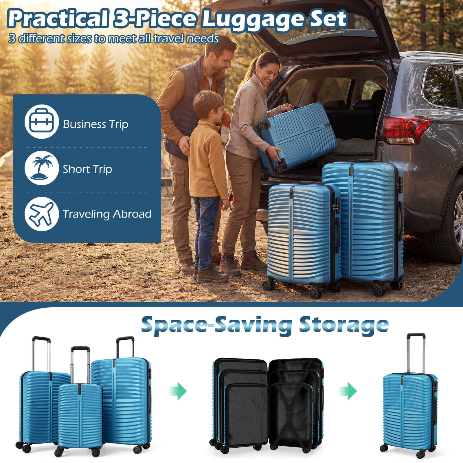 Practical 3-Piece Luggage Set  
3 different sizes to meet all travel needs  

- Business Trip  
- Short Trip  
- Traveling Abroad  

Space-Saving Storage
