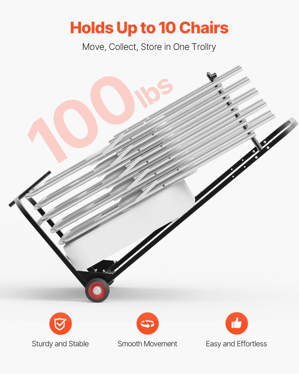 Holds Up to 10 Chairs, Move, Collect, Store in One Trollry, 100 lbs, Sturdy and Stable, Smooth Movement, Easy and Effortless