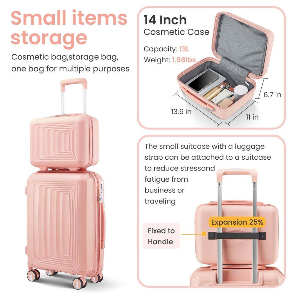 Small items storage  
Cosmetic bag, storage bag, one bag for multiple purposes  

14 Inch Cosmetic Case  
Capacity: 13L  
Weight: 1.98lbs  

The small suitcase with a luggage strap can be attached to a suitcase to reduce stress and fatigue from business or traveling  

Fixed to Handle  
Expansion 25%