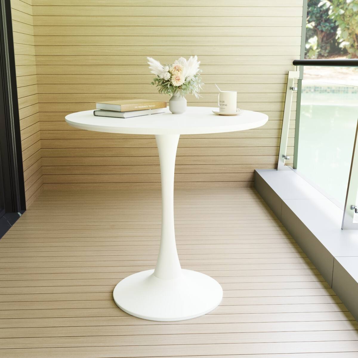 Left. Loheer - Loheer White Tulip Dining Table, 31.5 inch Round MDF Tabletop with Metal Pedestal Base - White.