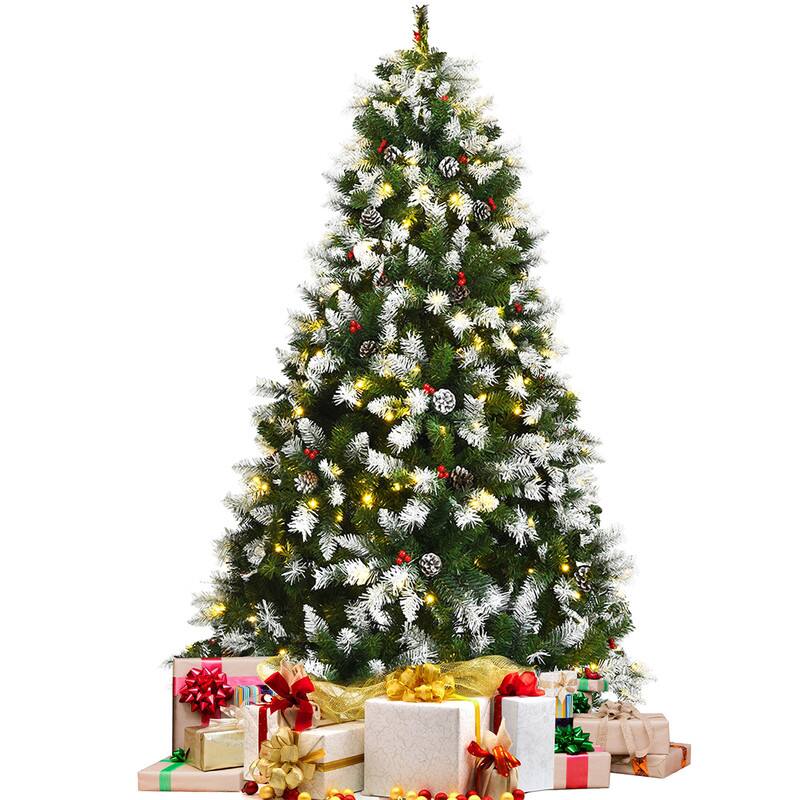 Angle. WELLFOR - 6ft Pre‑Lit Artificial Christmas Tree with Pre‑Fixed Red Berries & Pine Cones ,Snow‑Flocked Hinged Xmas Tree - Green.