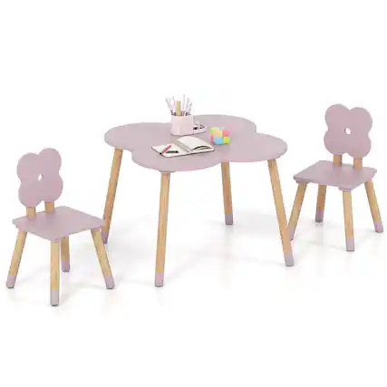 Front. Costway - Costway Flower-shaped Kids Table Set with 2 Child-sized Chairs Solid Pine Wood Legs - Pink.