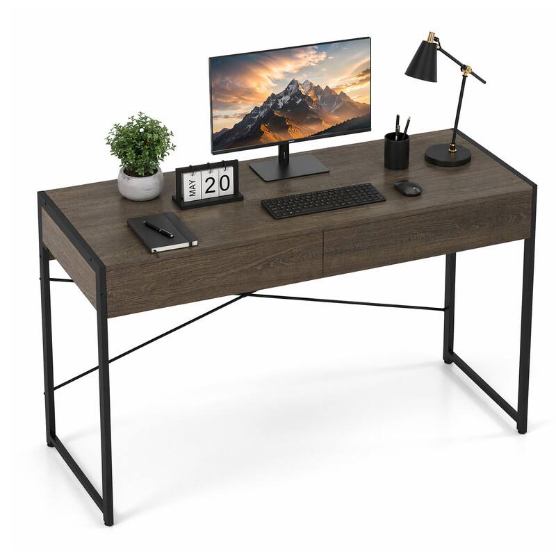 Left. WELLFOR - 44" Computer Desk with 2 Drawers, Writing Desk Study Desk for Home Office - Oak.
