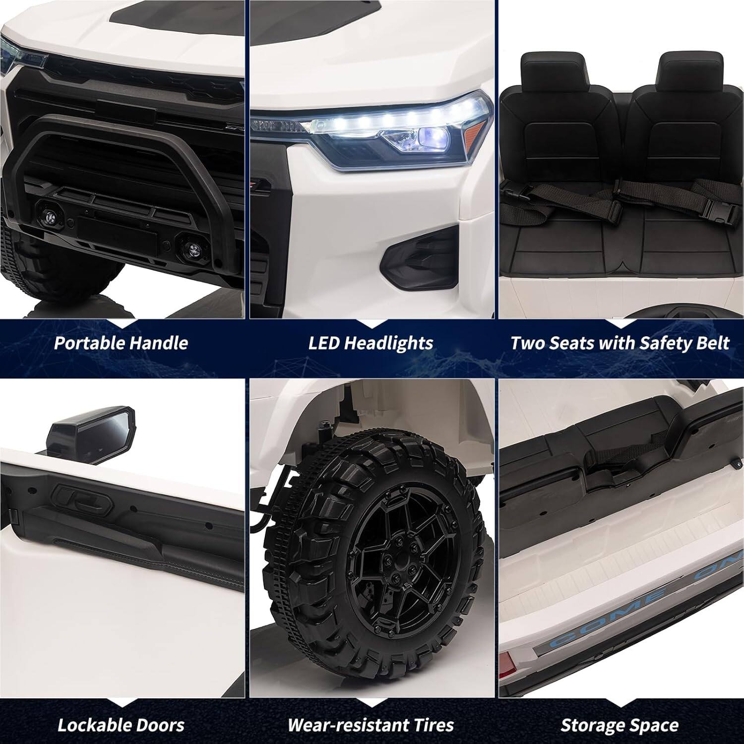 - Portable Handle
- LED Headlights
- Two Seats with Safety Belt
- Lockable Doors
- Wear-resistant Tires
- Storage Space