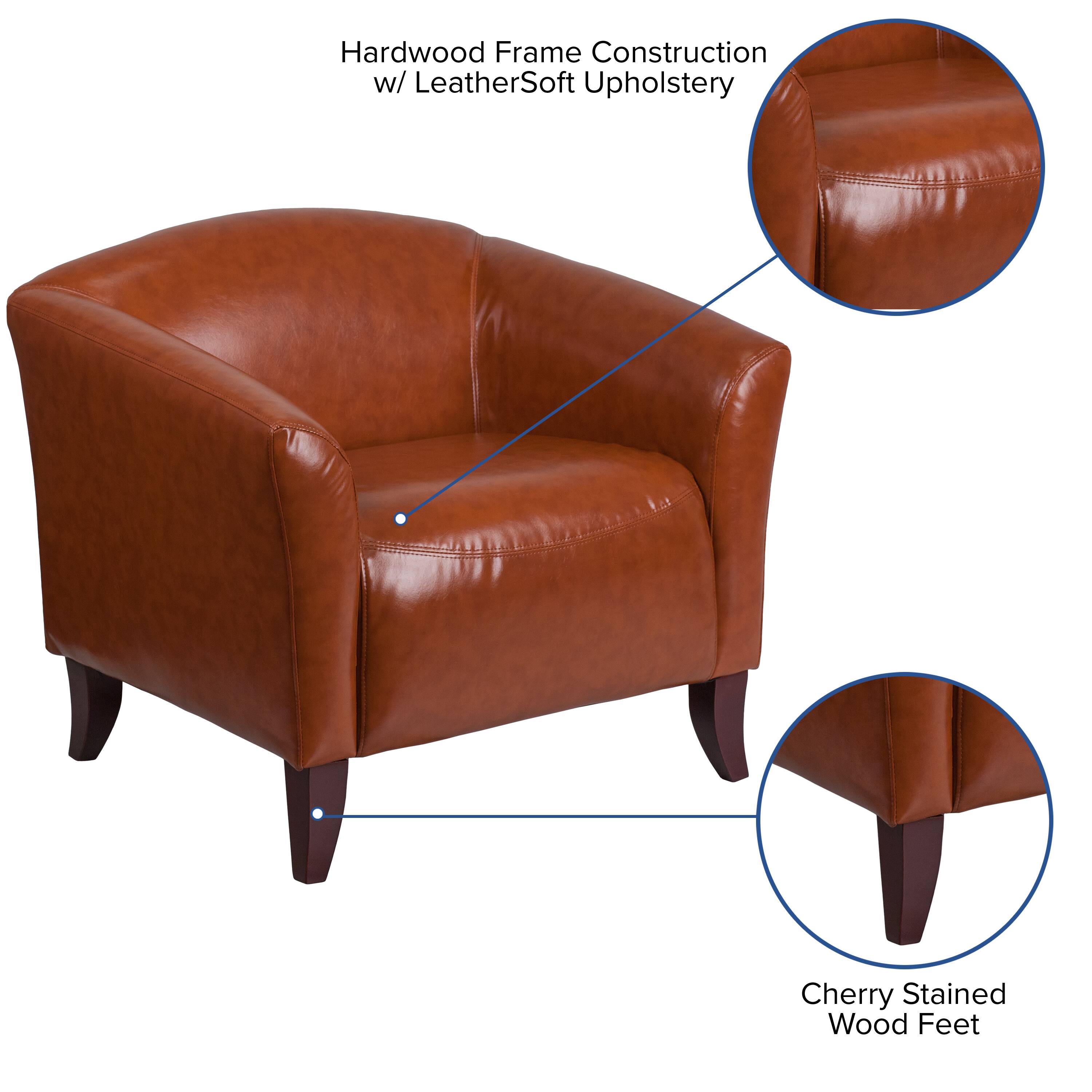 Hardwood Frame Construction w/ LeatherSoft Upholstery  
Cherry Stained Wood Feet