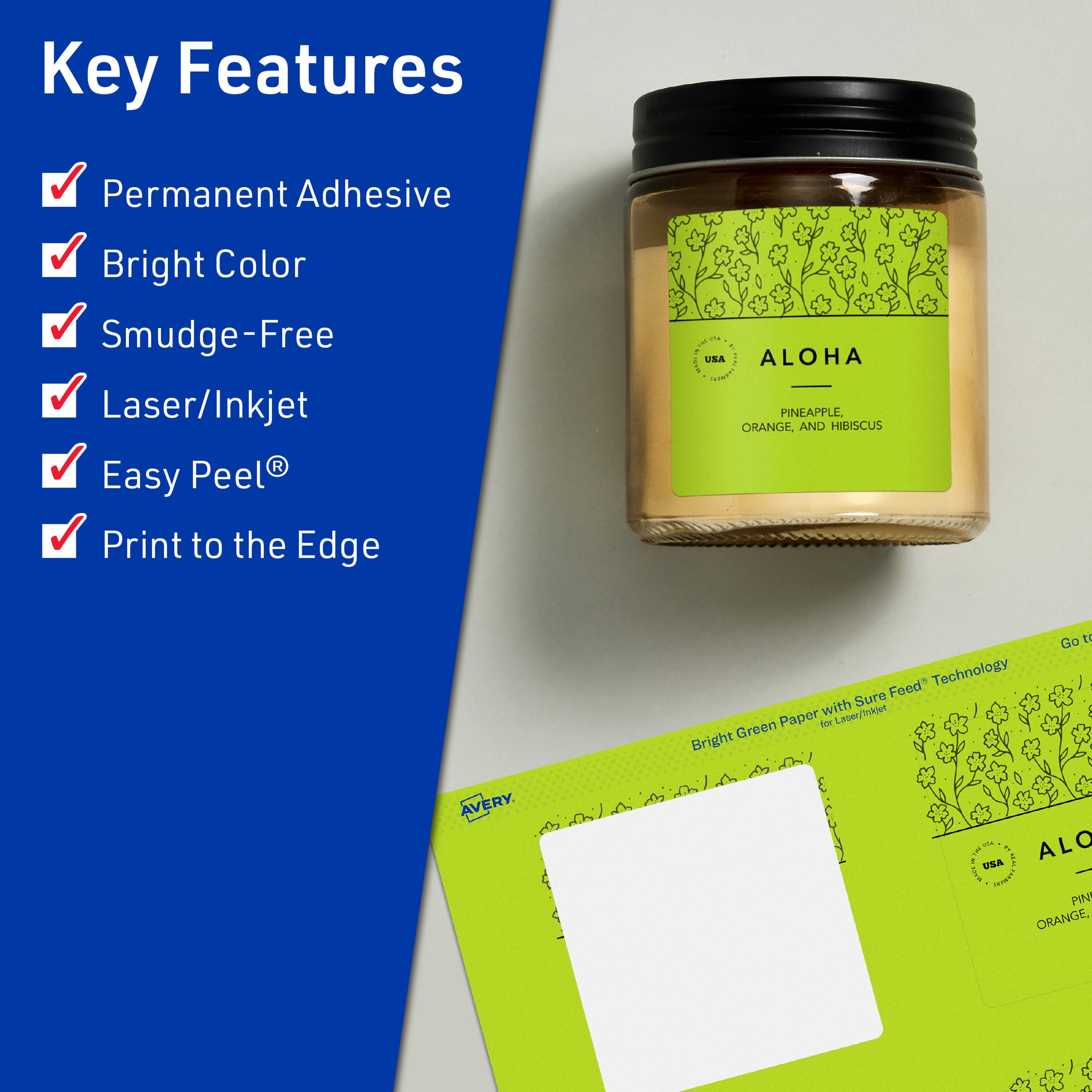 Key Features  
- Permanent Adhesive  
- Bright Color  
- Smudge-Free  
- Laser/Inkjet  
- Easy Peel®  
- Print to the Edge  

ALOHA  
Pineapple, Orange, and Hibiscus  

Bright Green Paper with Sure Feed® Technology for Laser/Inkjet  

AVERY