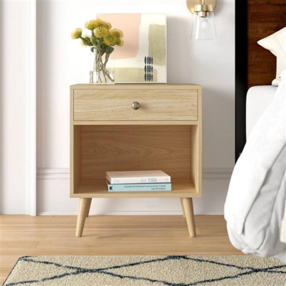 Angle. Hivvago - Mid-Century Modern 1-Drawer Nightstand in Natural Straw Yellow Wood Finish - Natural.