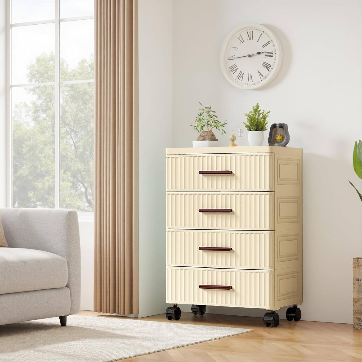Acekool - MilleLoom 4-Tier Plastic Chest of Drawers with 360° Swivel Wheels, Portable Storage Cabinet Organizer - Oak
