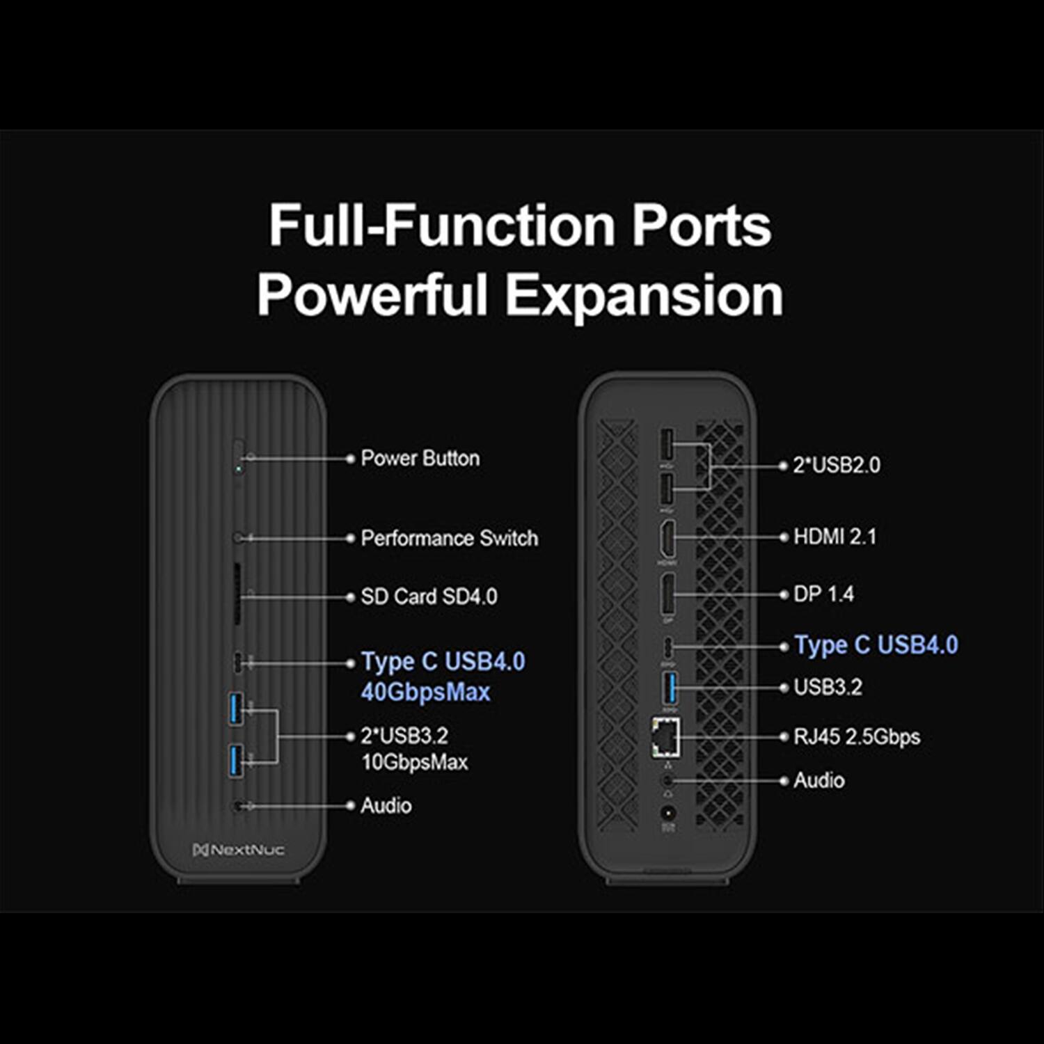 Full-Function Ports  
Powerful Expansion  

- Power Button  
- Performance Switch  
- SD Card SD4.0  
- Type C USB4.0 40GbpsMax  
- 2xUSB3.2 10GbpsMax  
- Audio  
- 2xUSB2.0  
- HDMI 2.1  
- DP 1.4  
- Type C USB4.0  
- USB3.2  
- RJ45 2.5Gbps  
- Audio  

NextNuc