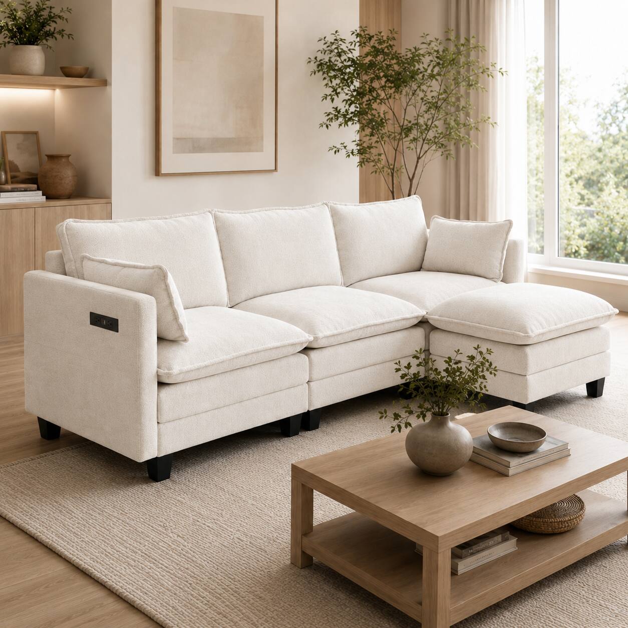 Back. Anysun - Modern Chenille 3-Seat Couch with Matching Ottoman, Built-in USB Ports and Side Pockets - Beige.